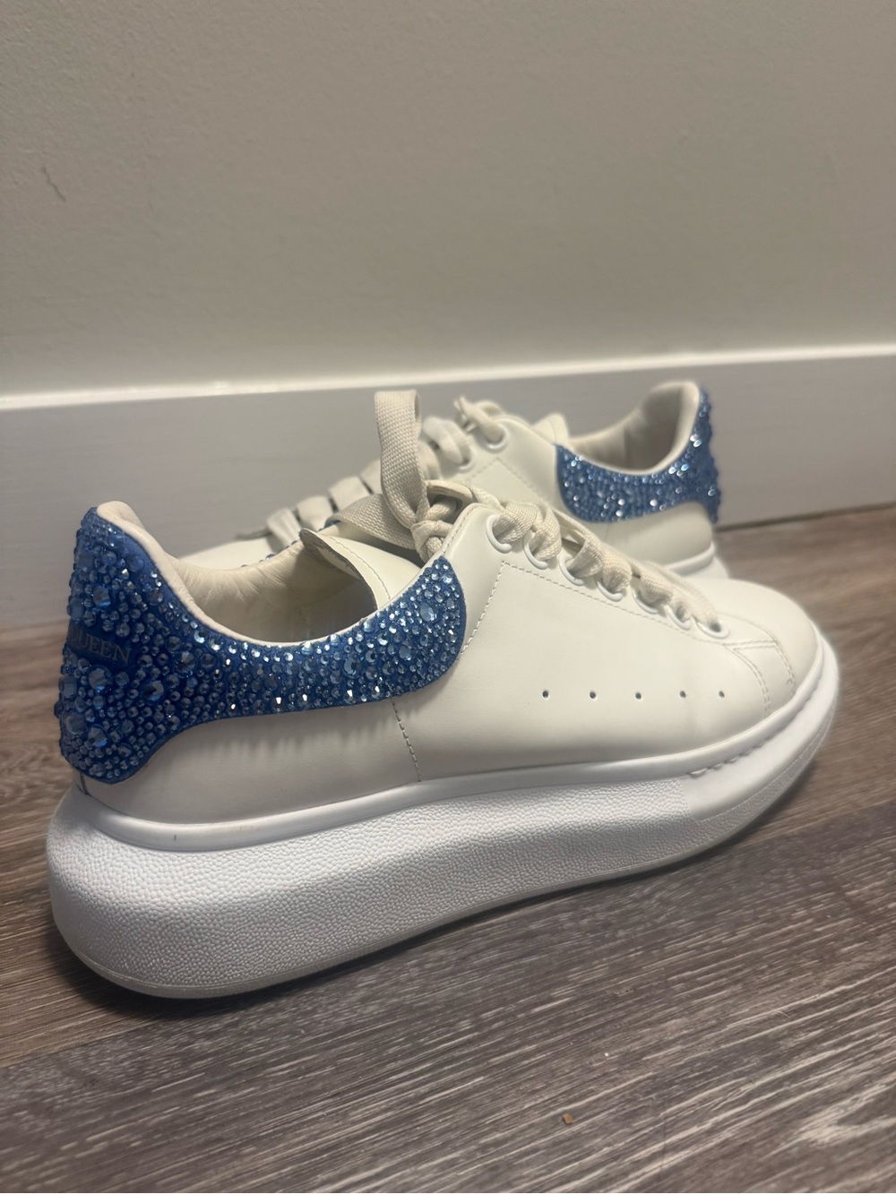 Alexander McQueen White Platform Sneakers with Swarovski Blue Crystal Heel